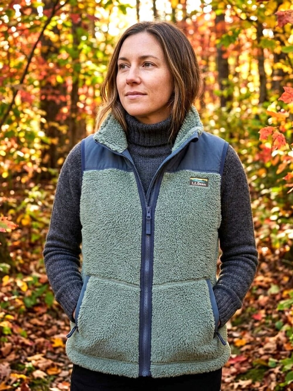 LL Bean Womens Sherpa Fleece Vest XL Green Full Zip Pockets Preppy Outdoors